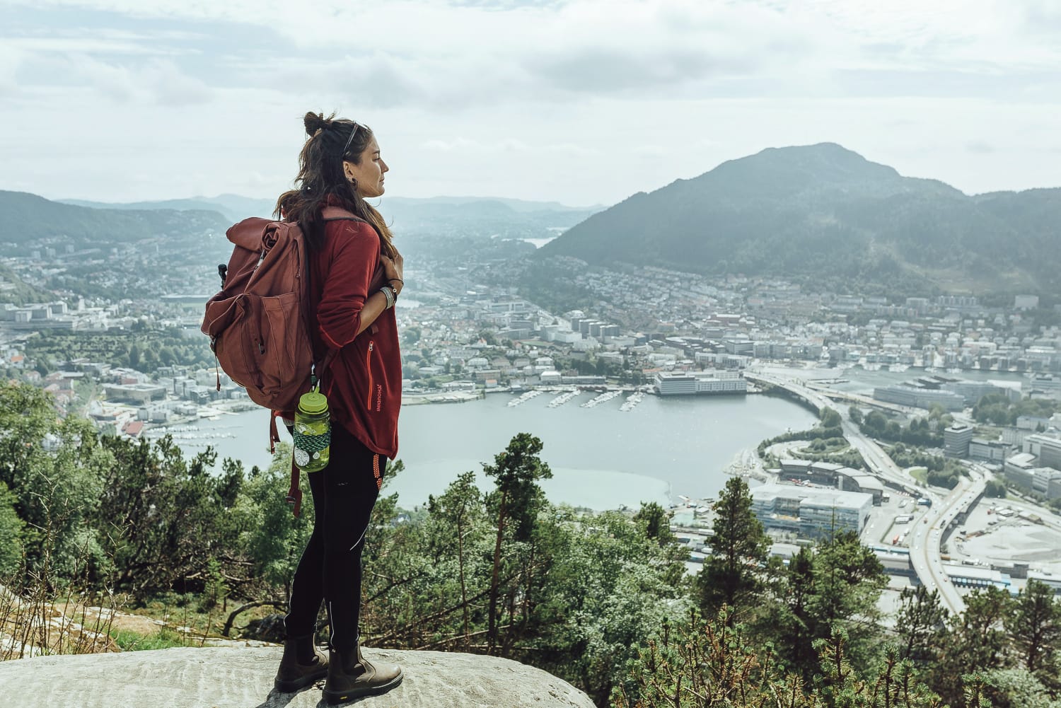 Woman looking out over Bergen from Mount Fløyen