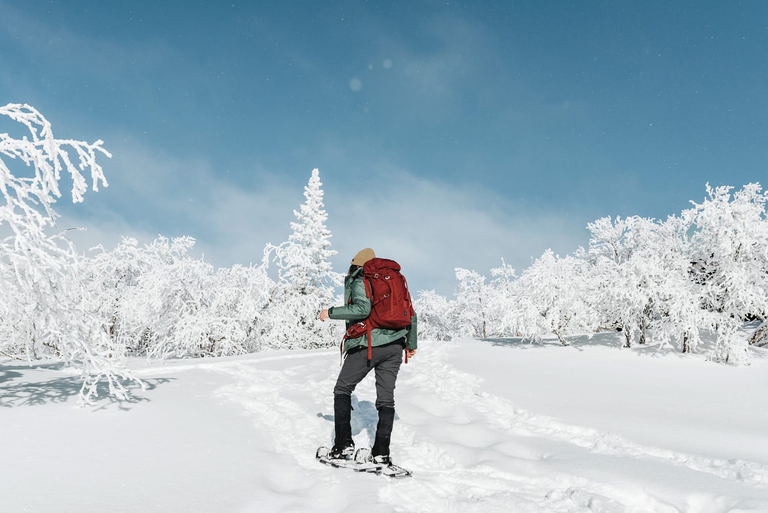 Woman hiking with snowshoes