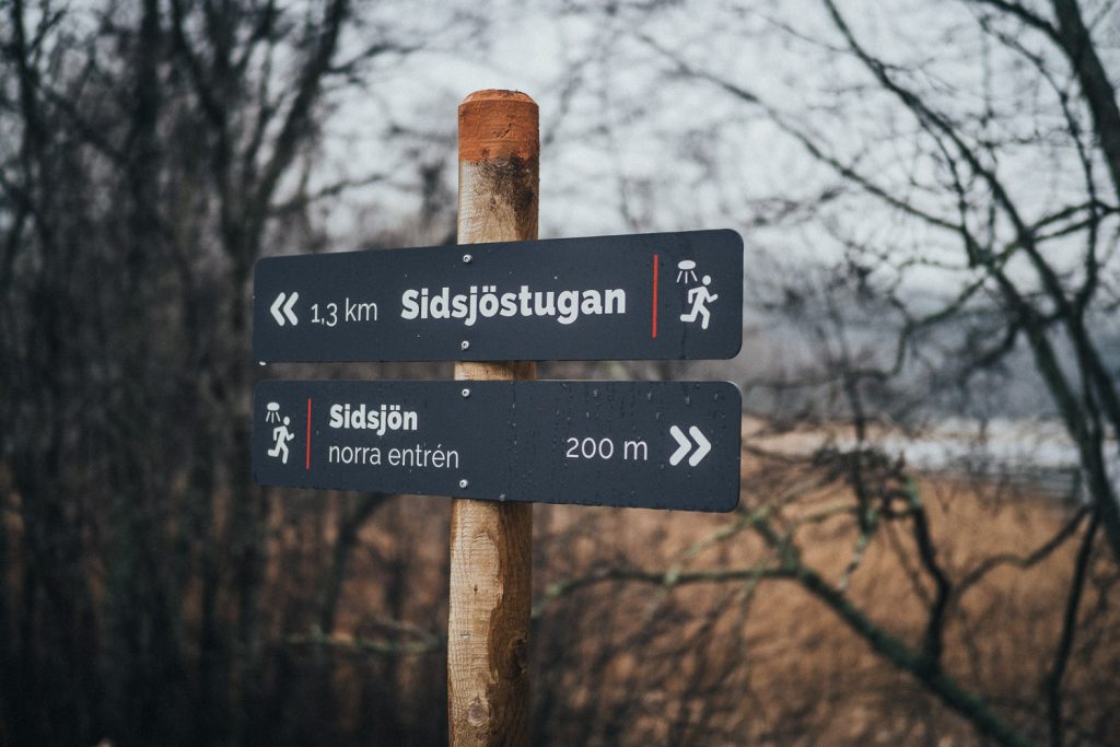 hiking signs at Sidsjön, getting out and seeing the beauty in bad weather