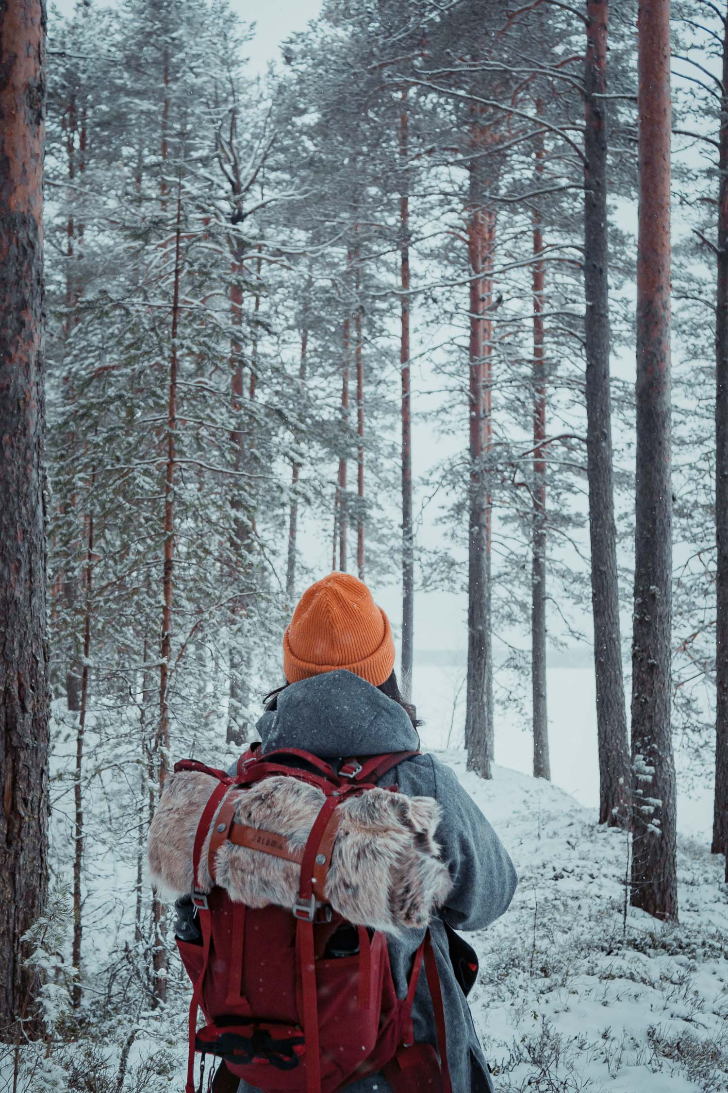 woman hiking through a winter forest