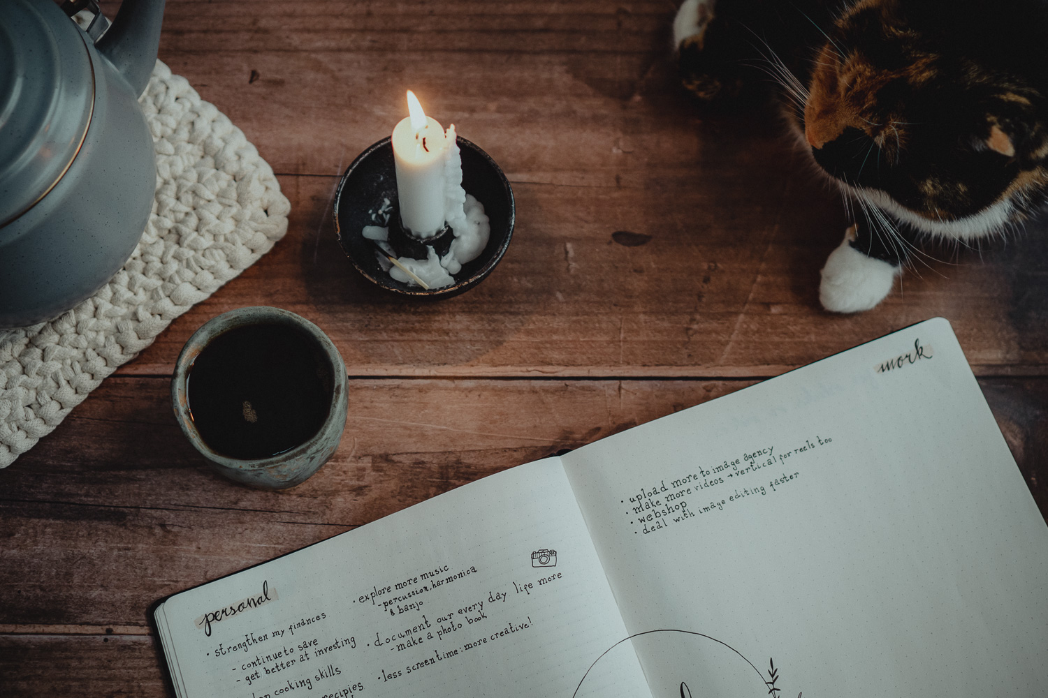 coffee, candle, cat & journal