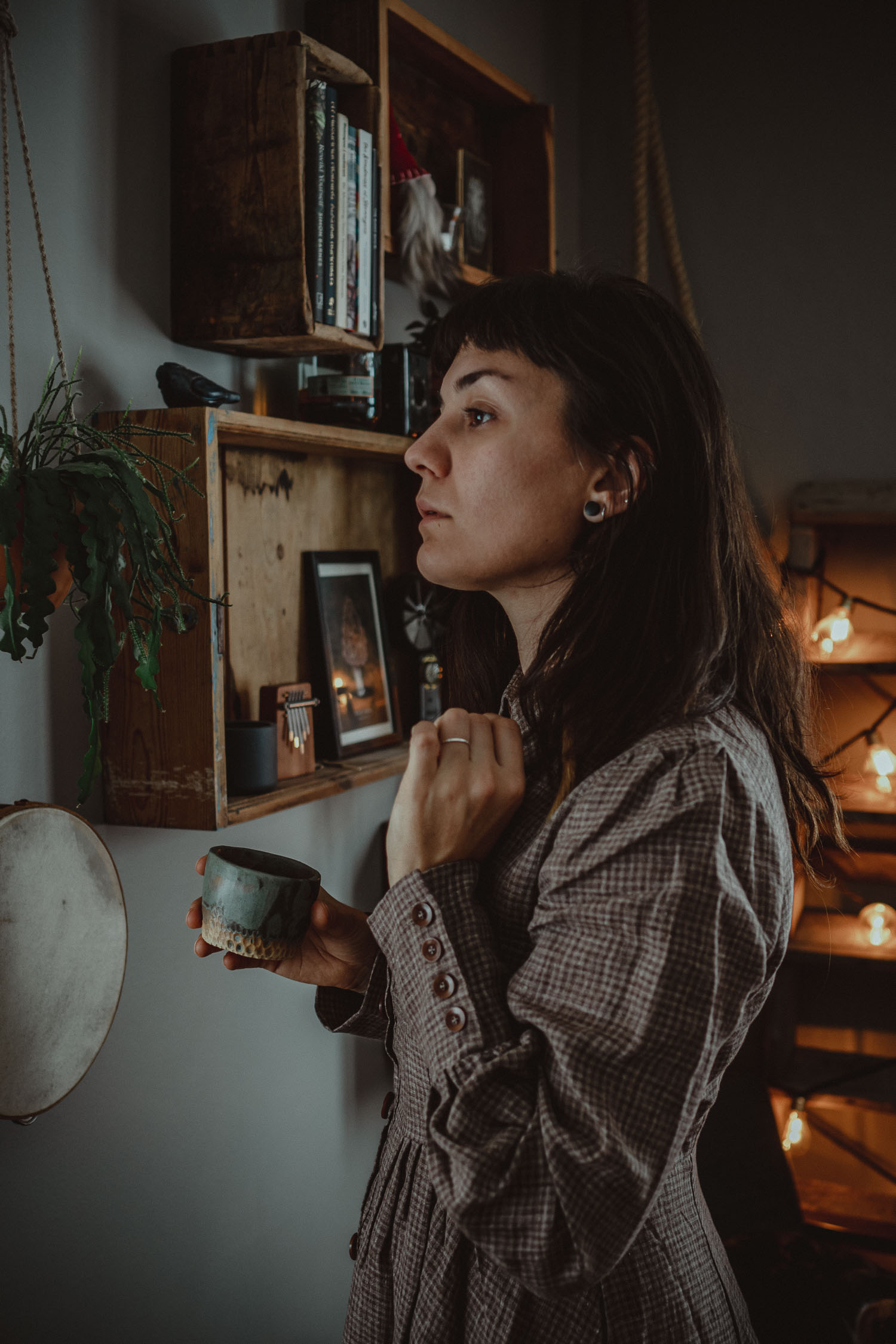 woman in linen dress with coffee