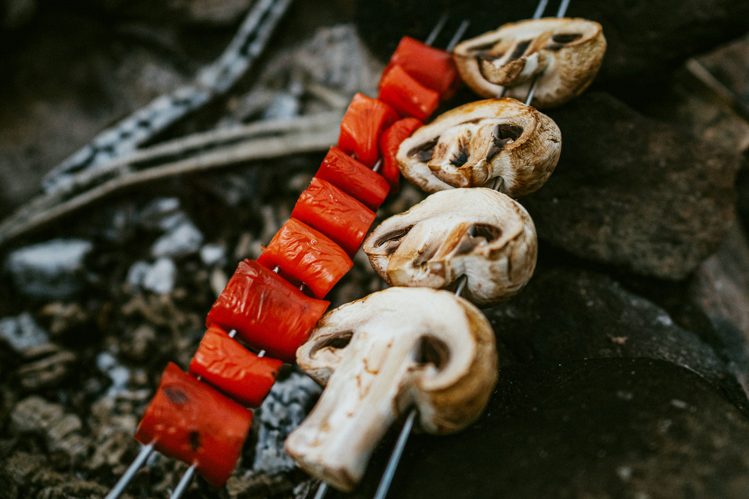 red pepper & mushrooms on a BBQ skewer